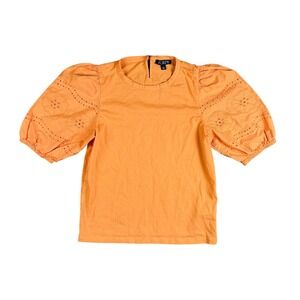 J.Crew Women's Broken-in Jersey Puff Sleeve Eyelet Top Size Small Tangerine